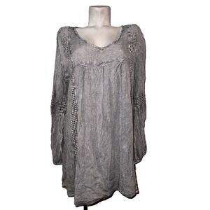 Anandas Collection Gray Acid Wash Crinkle Boho Tunic Top Crochet Lace XXL NWT